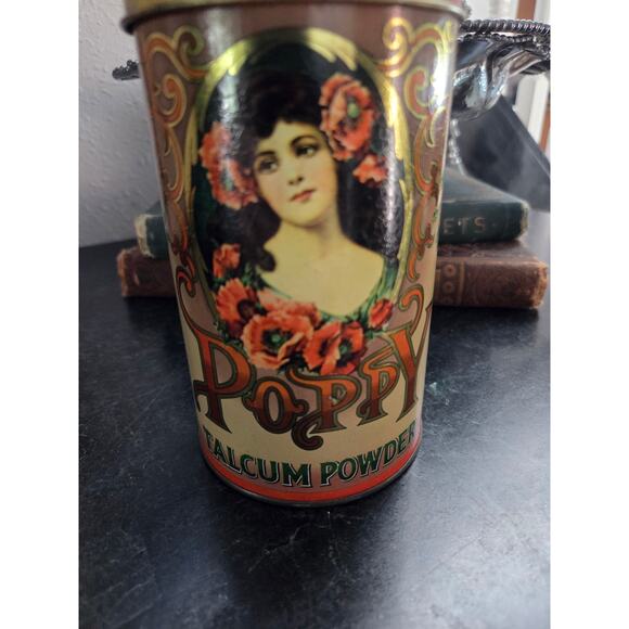 Daher Poppy Talcum Powder Tin 6" Made in England Victorian Art Nouveau Style - Picture 5 of 10